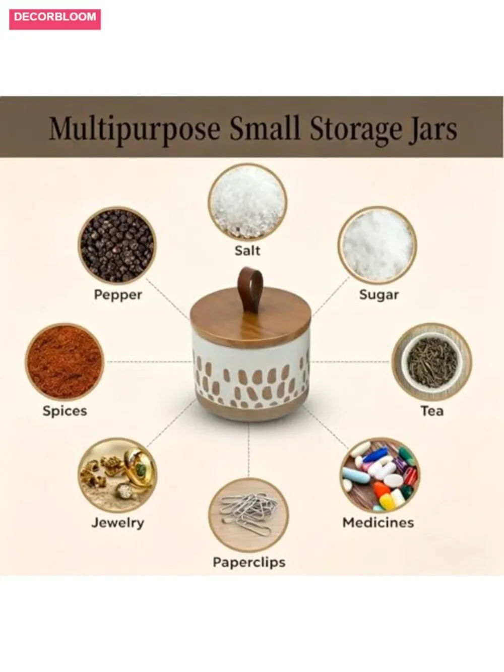 Boho Ceramic Storage Jar, Airtight Bamboo Lid, 5 fl oz Small Canister for Salt,